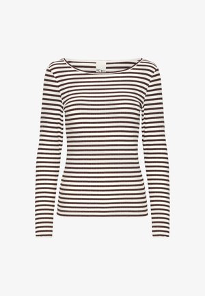 Pikkade varrukatega topp ümmarguse kaelusega, millel on horisontaalsed pruunid ja valged triibud. Kangas on ribakujuline.