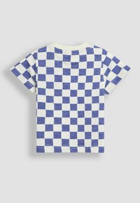 Kortærmet t-shirt lavet af bomuld, med et blå- og hvidternet mønster, rund halsudskæring og en blød tekstur.