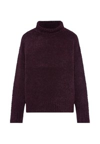Lila, voluminöser Rollkragenpullover aus strukturiertem Stoff, mit langen Ärmeln und geripptem Saum. Weiches und gemütliches Design, ideal für kühlere Wetterbedingungen.