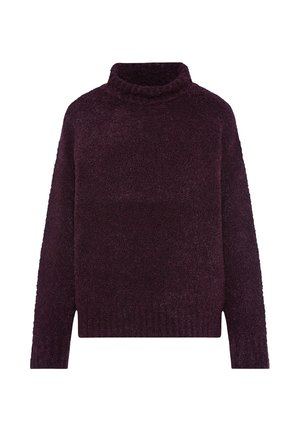Purple, chunky turtleneck sweater with textured fabric, long sleeves, and ribbed hem. Soft and cozy design suitable for cooler weather.