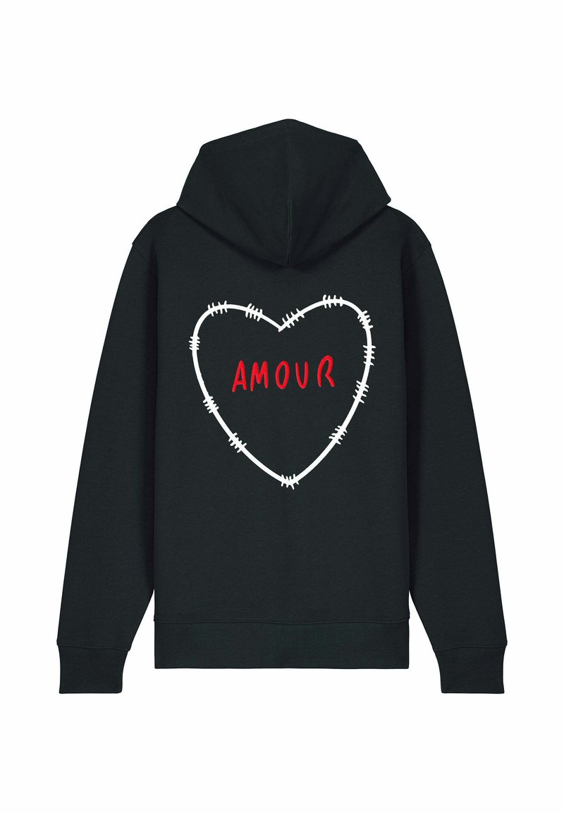 Felpa nera con un grande cuore bianco ricamato sul retro, con la scritta "AMOUR" in rosso. Tessuto morbido, vestibilità comoda.