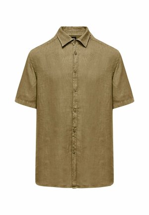 Kortärmelig overhemd met knopen, gemaakt van lichtbruin linnen, met een klassieke kraag en zeven knopen aan de voorkant.