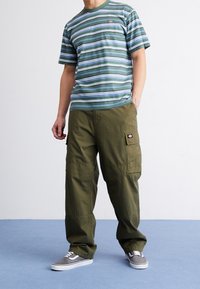 Muž v zeleném, modrém a bílém pruhovaném tričku, olivově zelených cargo kalhotách a šedých teniskách stojí na modré podlaze proti bílé zdi.