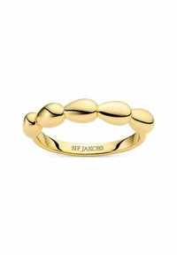 Guldpläterad ring med en slät, rundad design och flera växelvis ovala former. Graverad med "SIF JAKOBS" på den inre bandet.