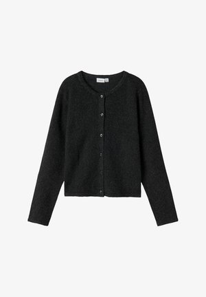 Cardigan en laine gris foncé avec un col rond, des manches longues et une fermeture à boutons à l'avant. Il présente une texture douce et un design court.