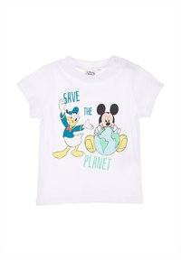 Witte katoenen t-shirt met Donald Duck en Mickey Mouse. De tekst luidt "RED DE AARDE" in blauw en groen. Korte mouwen, casual pasvorm.