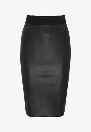 Black faux leather pencil skirt with elastic waistband, knee-length, smooth texture, and vertical seam details on front sides.