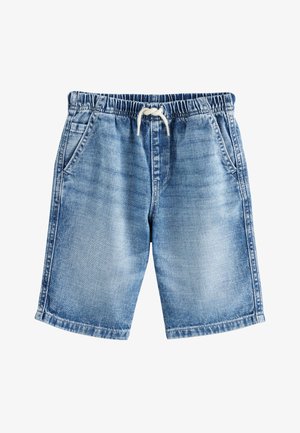 Lichtblauwe denim shorts met elastische tailleband en witte trekkoord, voorzien van voorzakken en een vervaagd waseffect.