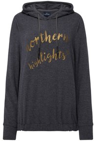 Mørkegrå hættetrøje i blødt materiale med snørehætte. Har gul skrift, der står "northern highlights" foran, samt ribbede manchetter.
