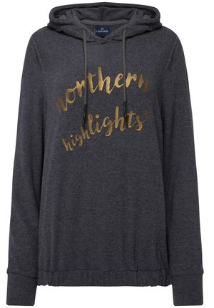 Tmavě šedá mikina z měkkého materiálu s kapucí na šňůrku. Na přední straně je zlatý nápis "northern highlights" a žebrované manžety.