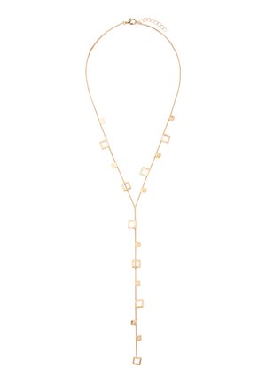Naszyjnik w kolorze złotym z otwartymi kwadratowymi zawieszkami rozmieszczonymi równomiernie na łańcuszku, z ozdobnym wisiorem w kształcie litery Y i regulowanym zapięciem.