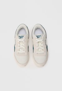 Un paio di sneaker Reebok bianche e teal con lacci, viste dall'alto su uno sfondo neutro.