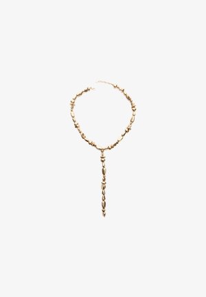 Gouden ketting met ovale en ronde kralen, voorzien van een hanger met een reeks kleinere kralen. Inclusief een verstelbare ketting-sluiting.