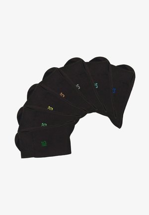 Black ankle socks in a row, each featuring a contrasting logo in different colors: orange, green, light blue, and dark blue.