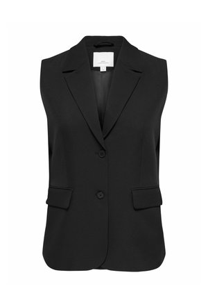 Sort ærmeløs blazer-vest med to forreste knapper, hak-kraver og klaplommer, designet til en struktureret pasform.