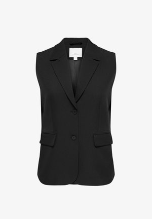 Sort ærmeløs blazer-vest med to forreste knapper, hak-kraver og klaplommer, designet til en struktureret pasform.