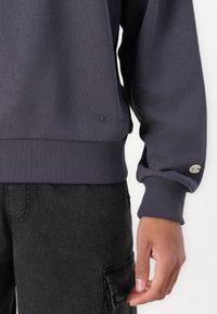 Mörkgrå sweatshirt med ribbade muddar och nederkant, med en liten logo på bröstet och en logodetalj på ärmen. Ett par svarta byxor synliga.