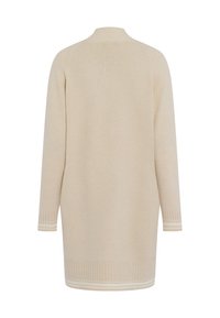 Beige langer Cardigan aus weichem Strickmaterial. Mit einem schlichten Design, gerippten Bündchen und einem geraden Saum mit minimaler Detailierung.