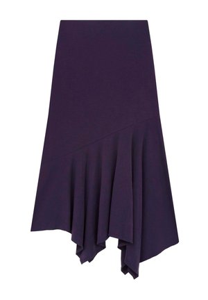 Jupe asymétrique de longueur genou en tissu violet foncé avec un ourlet froncé et une texture lisse. Comprend une taille ajustée et un design sans couture.
