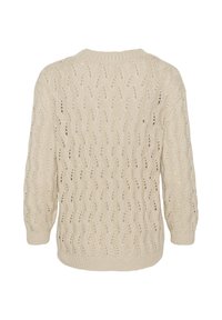 Maglione lavorato a maglia di un beige chiaro con un motivo a trama aperta e morbida, maniche lunghe e collo e orlo a coste.