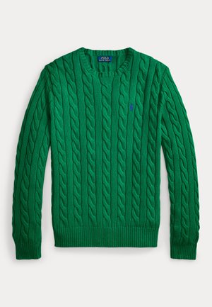 Pull vert à manches longues en maille torsadée avec col rond et petit logo bleu Polo Ralph Lauren brodé sur la poitrine.