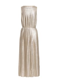 Długa, bezrękawnikowa sukienka w metalicznym kolorze szampańskim. Charakteryzuje się plisowanym wzorem, wysokim dekoltem i taliowaniem, które nadaje zwiewną sylwetkę.