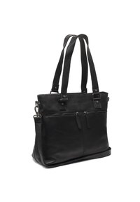 Musta nahkainen olkalaukku, jossa on kaksinkertaiset olkahihnat, kaksi etupuolen vetoketjullista taskua, sileä pinta, suorakulmainen muoto ja vahvistettu pohja.