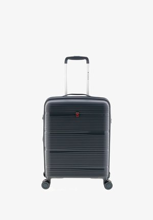 Hartschalenkoffer in Dunkelgrau mit horizontalen Rillen, ausziehbarem Aluminiumgriff und vier schwarzen Spinner-Rädern für eine einfache Manövrierbarkeit.