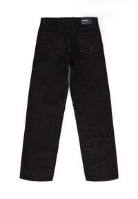 Black corduroy trousers with a straight leg, featuring a waistband tag, two back pockets, and ridged texture.