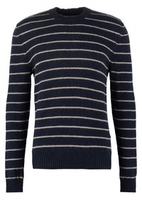 Námořnický svetr s horizontálními světle šedými pruhy, kulatým výstřihem a žebrovanými manžetami a lemem. Vyrobeno z měkkého materiálu.