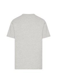 Gray cotton t-shirt with a crew neck, short sleeves, and a straight cut. Smooth texture and no visible patterns or designs on the back.