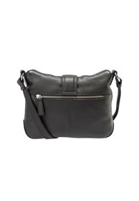 Borsa a tracolla in pelle nera con superficie texturizzata, chiusura con zip superiore, tasca esterna con zip e tracolla regolabile. Forma rettangolare.