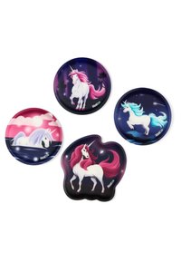 Vier eenhoorn-thema borden met glanzende oppervlakken, levendige kleuren en fantasie-ontwerpen. Inclusief ronde en unieke vormen met gedetailleerde illustraties.