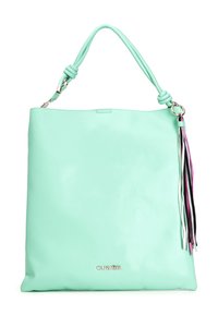 Tyrkysově zelená taška přes rameno vyrobená z hladké kůže, s uzlovou rukojetí a třásněmi v černé, růžové a bílé barvě. Logo umístěné na přední straně.