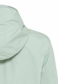Lichtgroene lichtgewicht jas met capuchon. Gladde textuur en subtiele glans, met zichtbare naden langs de rug en schouders.