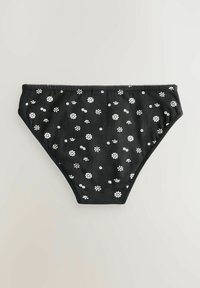 Crne bikini gaćice s malim bijelim cvjetnim uzorkom, elastičnom trakom u struku i glatkom teksturom tkanine. Klasičan oblik, udoban dizajn.