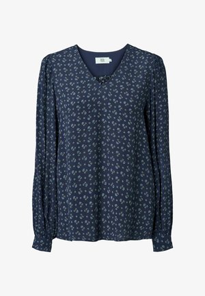 Mornarica bluza s V-izrezom, dugim napuhanim rukavima i malim cvjetnim uzorcima u plavoj i zelenoj boji na teksturiranom materijalu. Slobodan kroj.