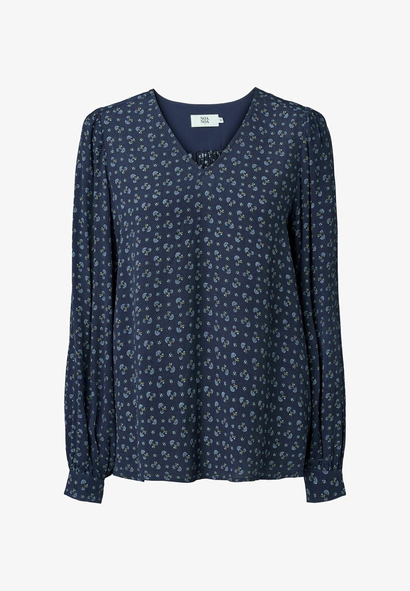 Marineblouse met een V-hals, lange pofmouwen en kleine bloempatronen in blauw en groen op een gestructureerde stof. Loose fit.