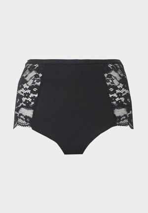 Μαύρο εσώρουχο ψηλόμεσο με φλοράλ δαντελένιες πινελιές στα πλαϊνά, με λεία μπροστινή όψη και δαντελένιες άκρες με κυματιστό μοτίβο.