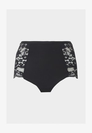 Μαύρο εσώρουχο ψηλόμεσο με φλοράλ δαντελένιες πινελιές στα πλαϊνά, με λεία μπροστινή όψη και δαντελένιες άκρες με κυματιστό μοτίβο.