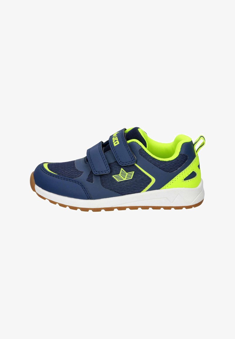 Blue and neon green sports shoe with two Velcro straps, textured synthetic upper, cushioned interior, and brown rubber outsole.