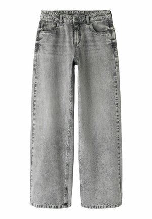 Wide-leg grey denim jeans with a faded finish. Features five pockets and a button closure. Raw hem and stitched detailing along the seams.