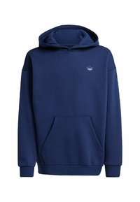 Sudadera azul marino hecha de tela suave, con un bolsillo canguro frontal, puños acanalados y un pequeño logo en el pecho.