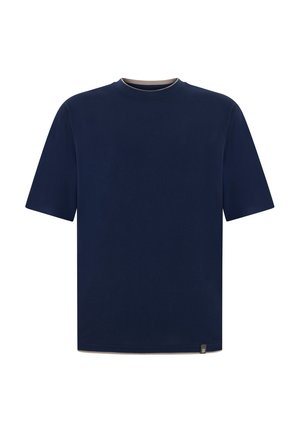 Marineblaues T-Shirt mit kurzen Ärmeln und Rundhalsausschnitt, beige Innenkragenumrandung und einem kleinen Etikett am unteren Saum.