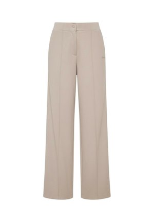 Pantaloni beige a gamba larga con piega frontale, bottone in vita e tessuto con trama sottile.