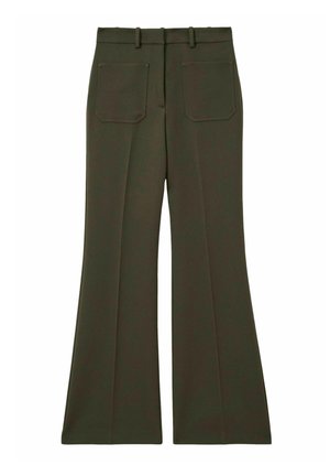 Flared dark green trousers made of smooth fabric with a waistband, four pockets, and a tailored fit at the waist and hips.