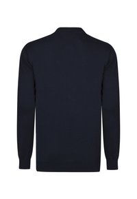 Granatowy sweter, dzianinowy materiał, prążkowane mankiety i dół, kołnierz w kształcie V, lekka konstrukcja, długie rękawy, jednolity kolor bez wzorów.