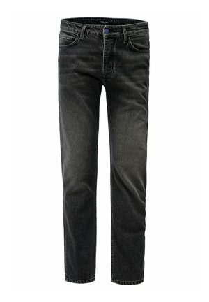 Jeans de mezclilla negra con corte recto, que cuentan con cinco bolsillos, un botón azul y un ligero desgaste. El material tiene una ligera textura y durabilidad.