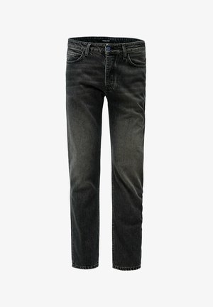 Black denim jeans with a straight cut, featuring five pockets, a blue button, and subtle fading. Material has slight texture and durability.