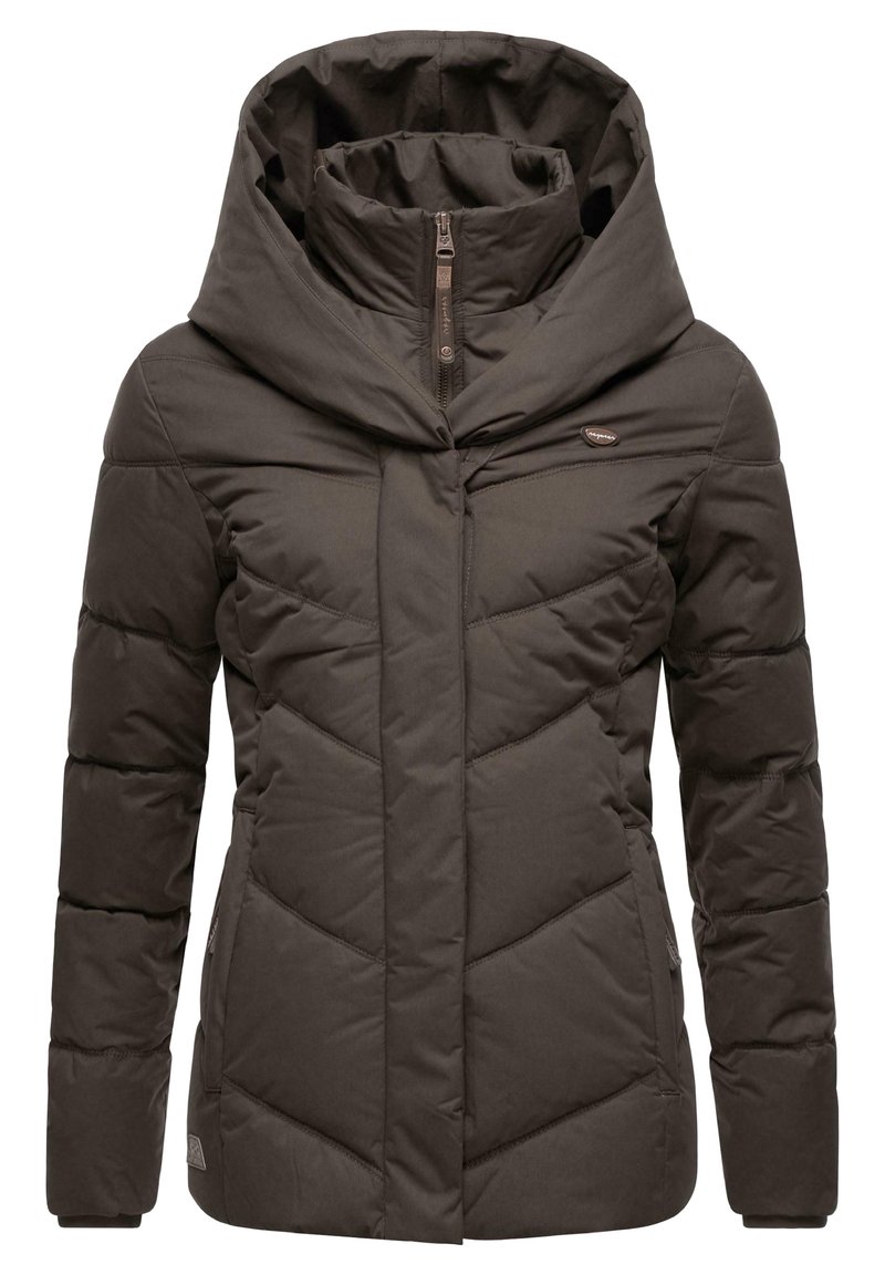 Brown puffer jacket featuring a high collar and zip closure, with a quilted pattern and two side pockets. Soft texture with a matte finish.
